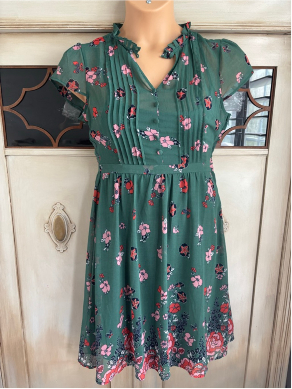 ModCloth "Oh Say Can You Museum" green butterfly and floral print A-line dress